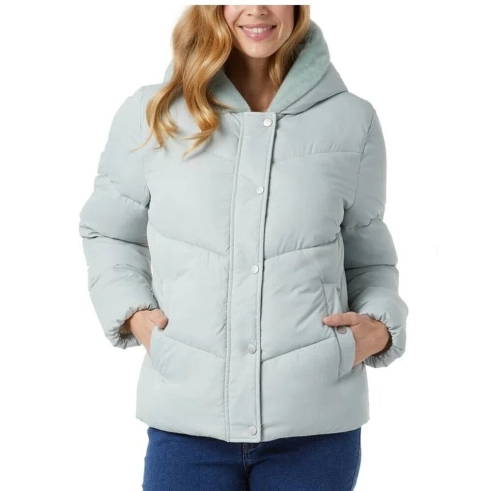 32 Degrees Women's L Hooded Puffer Jacket Light Green Button Up  jck17